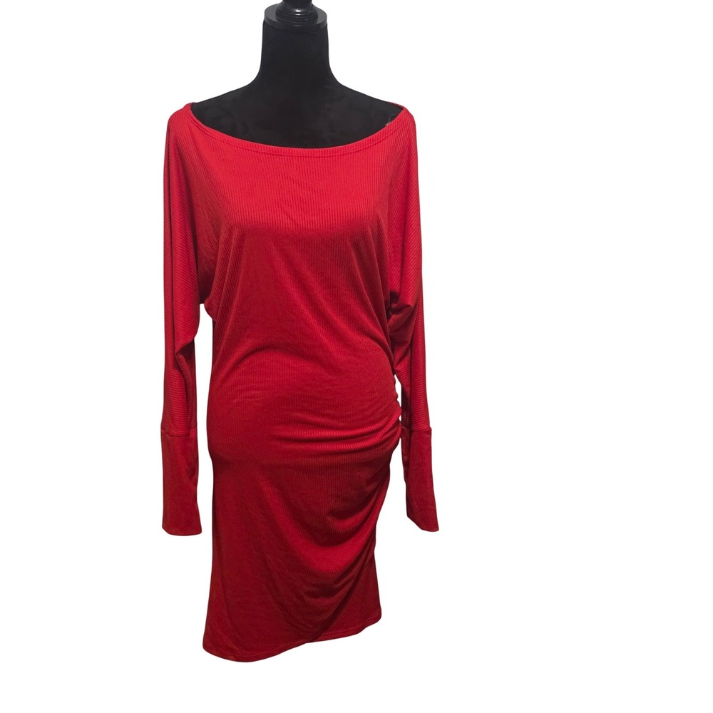 Fantastic Fawn Womens Ruched Bodycon Dress Boat Neck Dolman Sleeve Sz L B2